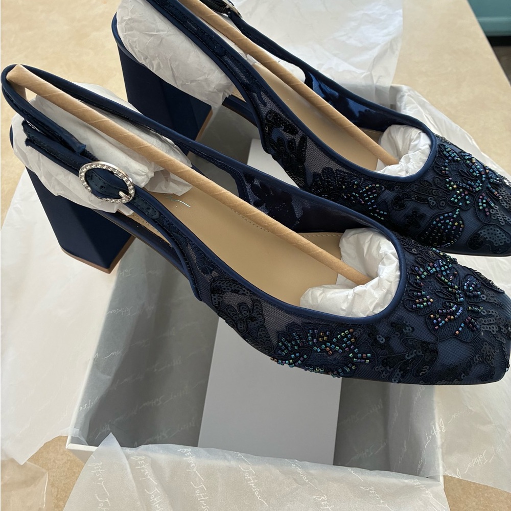 Betsey Johnson Navy Iridescent Beaded Floral Slingback Heels - Picture 3 of 9